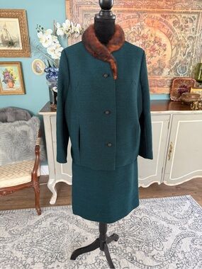 MCM Classic Women's Teal Wool Skirt Suit with Fur Collar